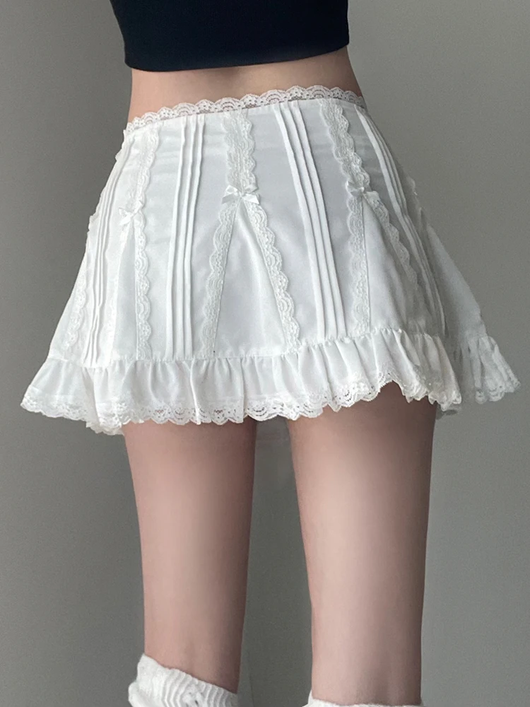 Weekeep y2k Cute A-line Mini Skirt Streetwear Loose Lace Patchwork Solid White Basic Skirts Women Outfits Y2k Aesthetic Clothing