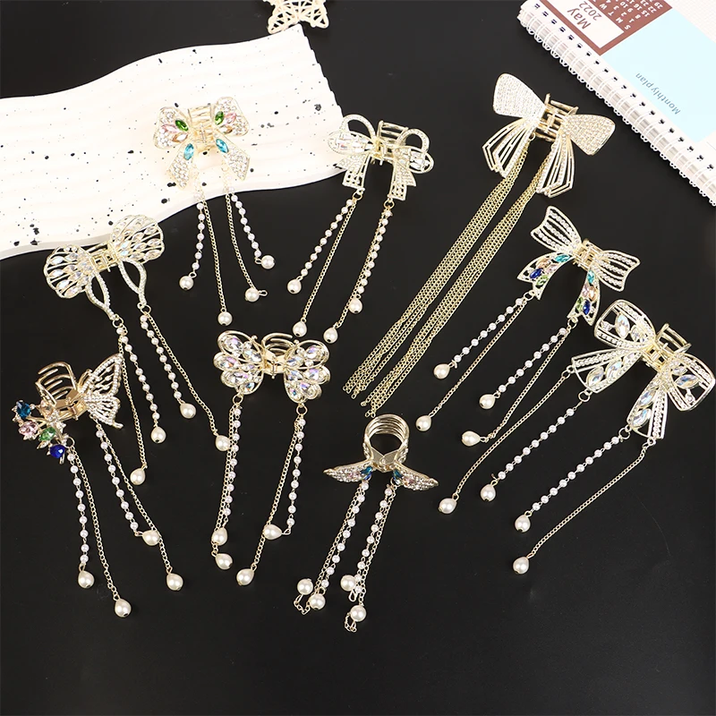 Crystal Stone Pearl Tassel Grabber Butterfly Knot Shark Hair Clip Women Ponytail Half-tied Hairpin Back Head Headwear Barrette