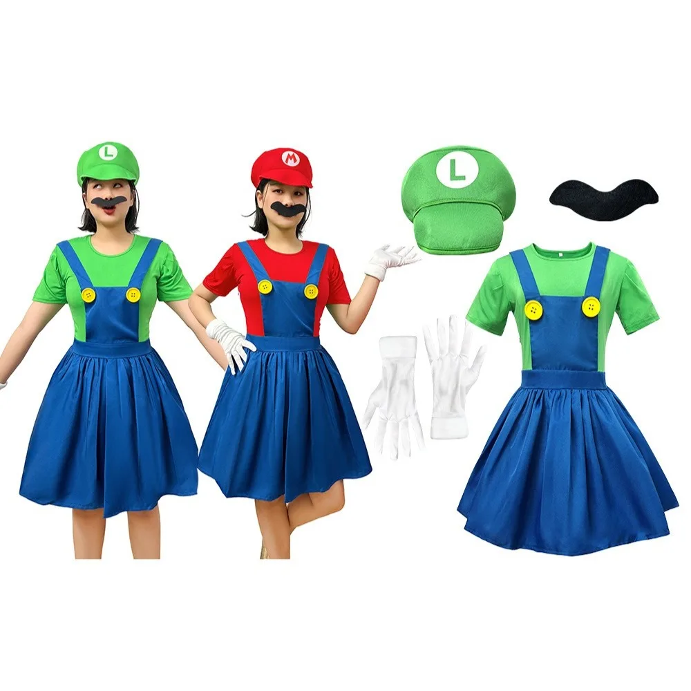 

Adult Cosplay Costume Super Brothers Cartoon Uniforme Fancy Princesse Dress Outfit Halloween Womens with Hat and Mustache