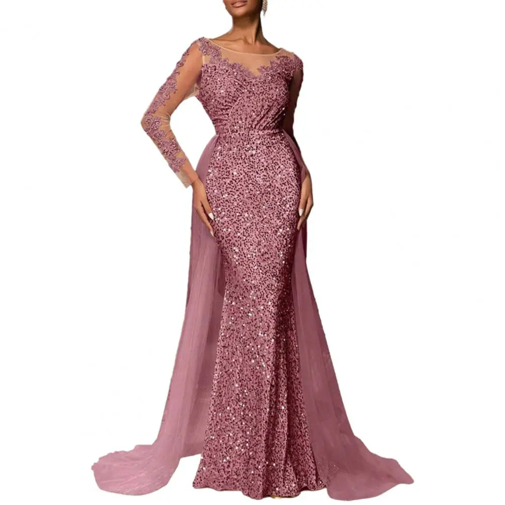 Zachte lichtgewicht stoffen jurk Elegante avondjurk met pailletten en kanten mouwen Tot de grond Bodycon Maxi voor cocktail voor dames
