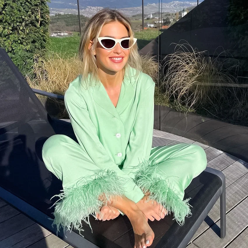 Fashion 2023 Spring Pajamas New For Women Cotton Sleepwear Set Green Feather Decoration Knit Nightwear Casual Ladies Home Wear