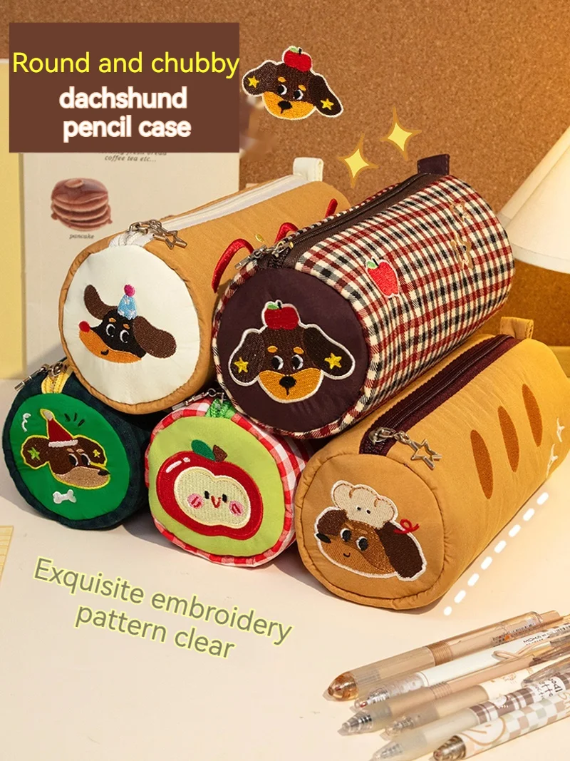 

Dachshund Zipper Pencil Bag Desk Storage Pouch Cake Roll Embroidery Pen Case Large Capacity Three-Layer Storage Bag Stationery