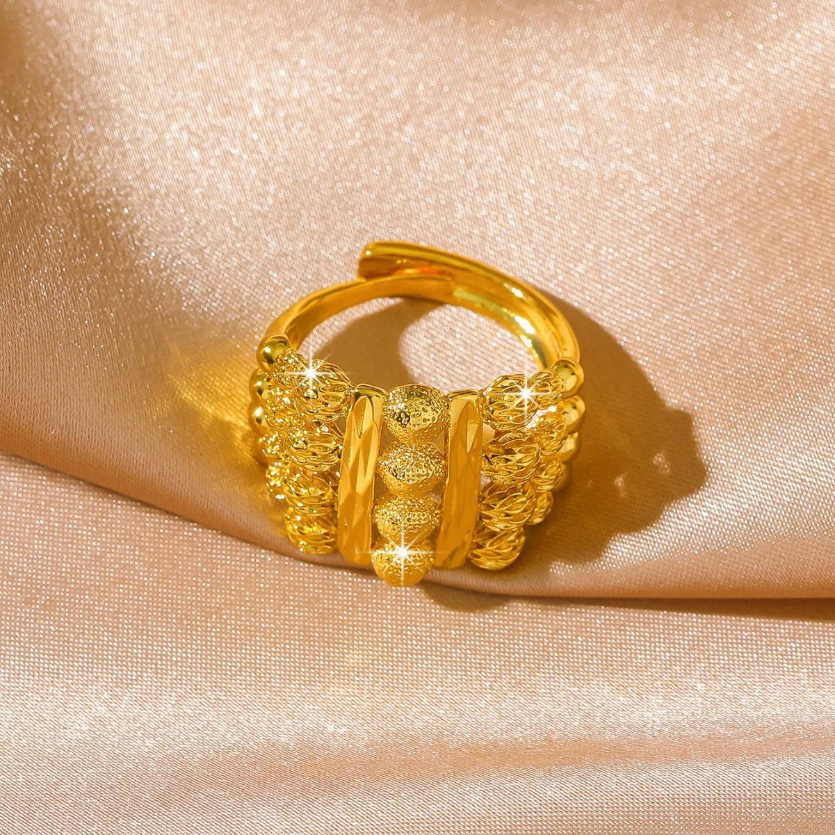 

Изысканное регулируемое кольцо с полым дизайном и бусиной удачи для женщин, 24K золото AU999, нежный ажурный дизайн