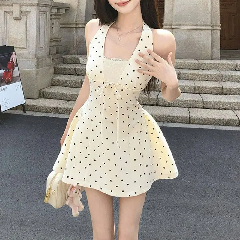 

Fashionable Halter Lace Spliced Bow Dresses Women's Clothing French Style Summer New Sleeveless Hotsweet A-Line Waist Mini Dress