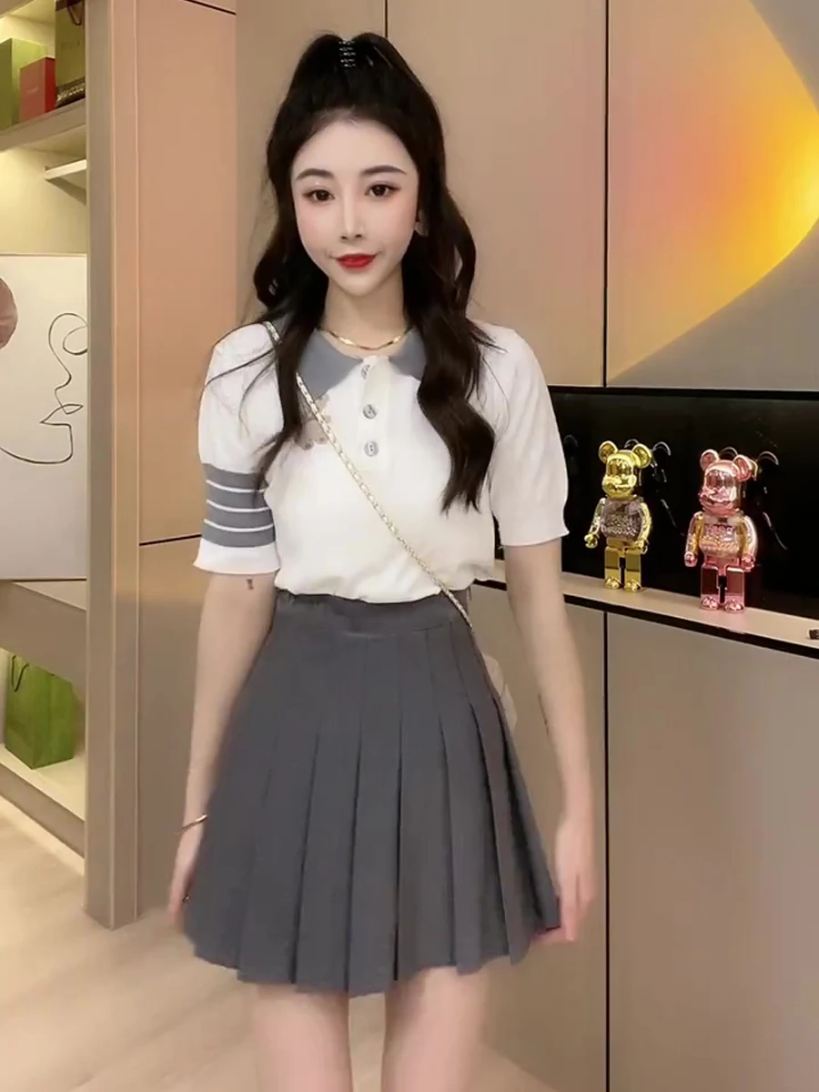 Summer Faion Anti-Aging Pleated Skirt Set College Sle Small Size Women's Clothing Sweet And Sal Two-Piece Skirt Set