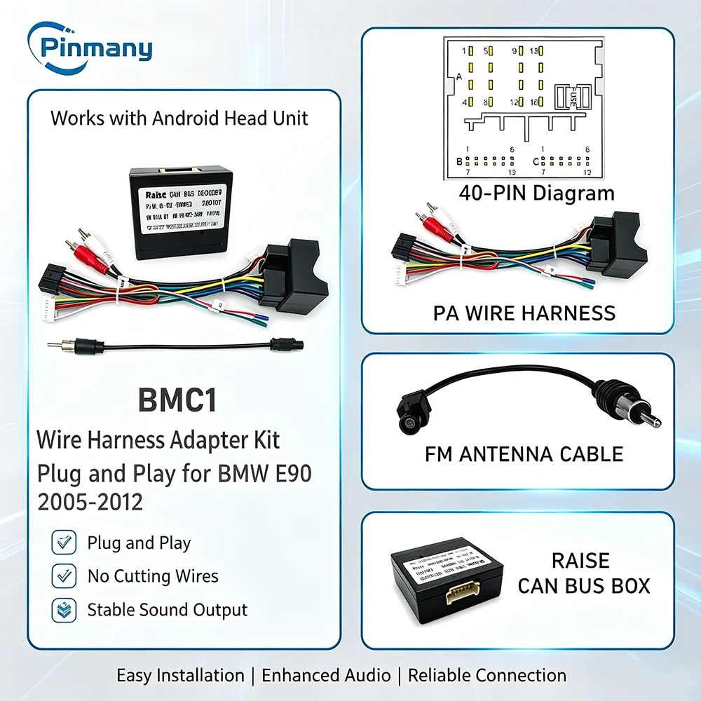 BMC1 40-Pin to 16-Pin Android Car Radio Wire Harness Adapter with RAISE G-RZ-BMW52 CAN Bus Decoder for 2005~2012 BMW E90 BMW3