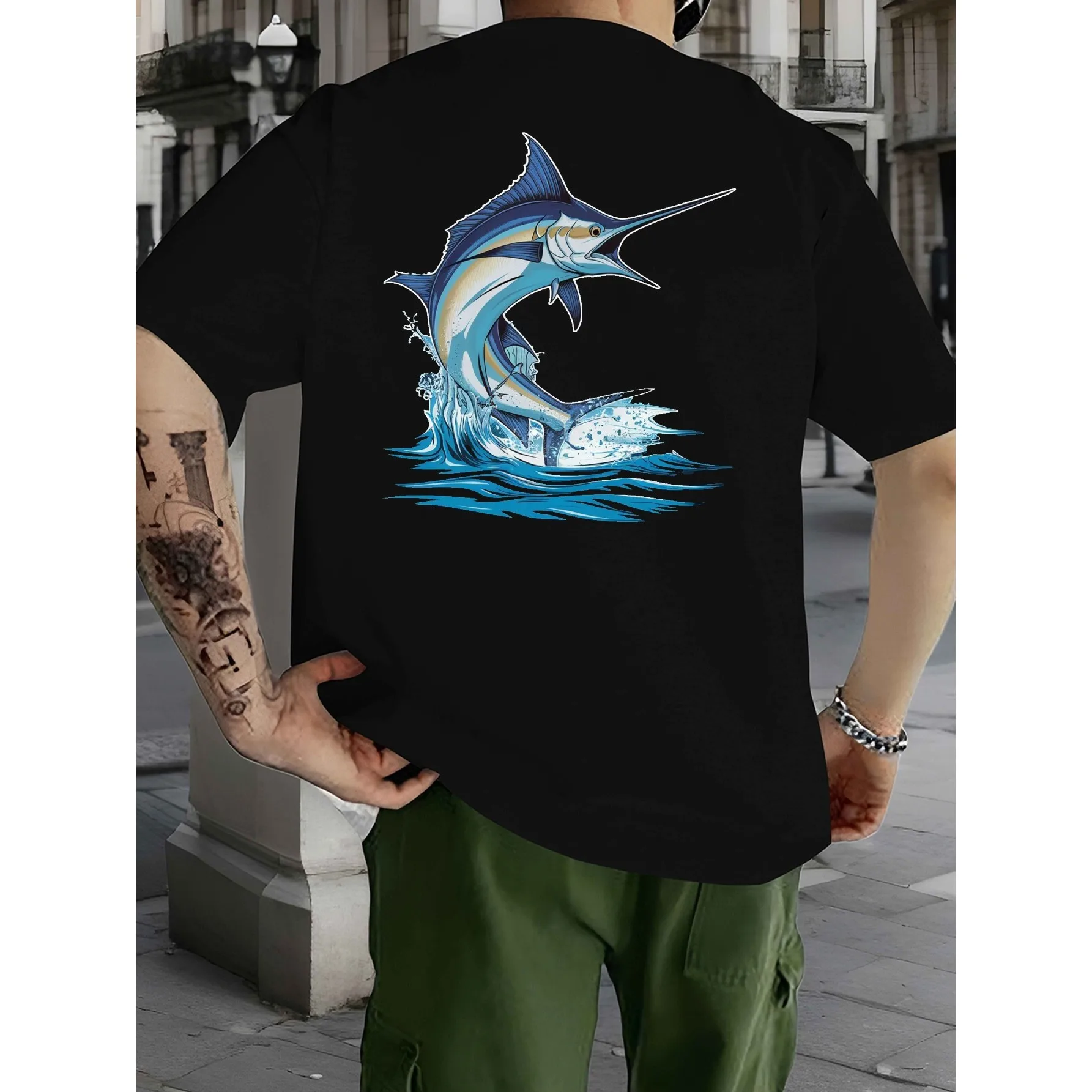 Marlin Fish Graphic T-Shirt for Men, Breathable Stretch Cotton Tee, Casual Street Style Short Sleeve Top