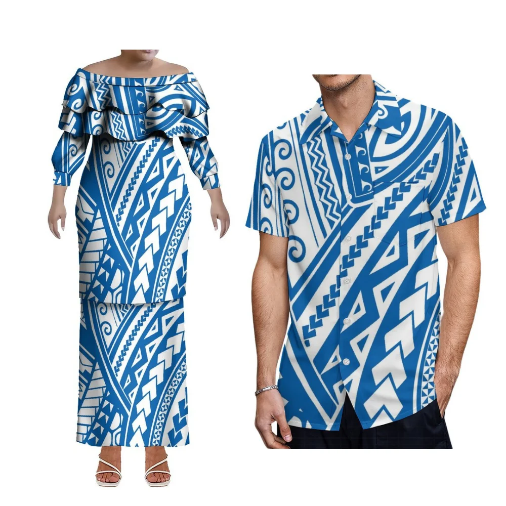 Damskie polinezyjskie bluzki z długim rękawem na jedno ramię i długie komplety Puletasi, hawajskie koszule męskie plus size dla par na imprezę.