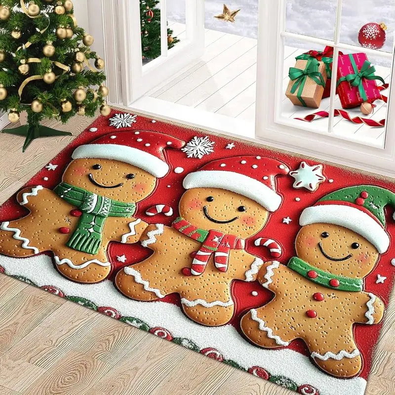 VIKAMA Gingerbread Doormat, Three Christmas Gingerbread Men with Snowflake Star, Red Welcome Mat for Front Door, Xmas