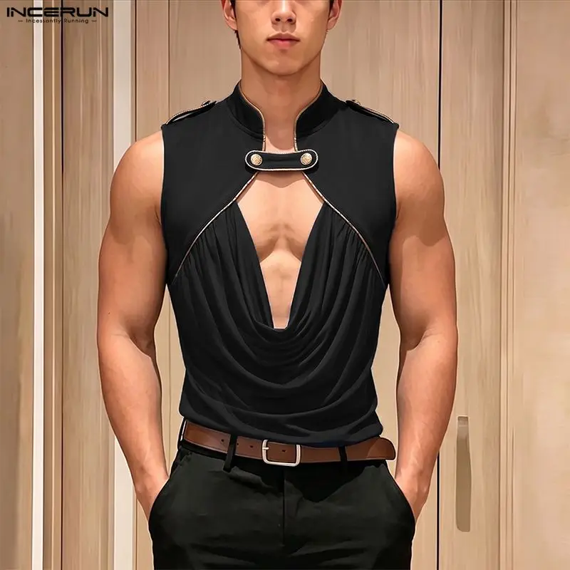 INCERUN Men's Tank Tops Stand Collar Sleeveless Patchwork Pleated Male Vests Summer Tops Streetwear Fashion Casual Men Clothes