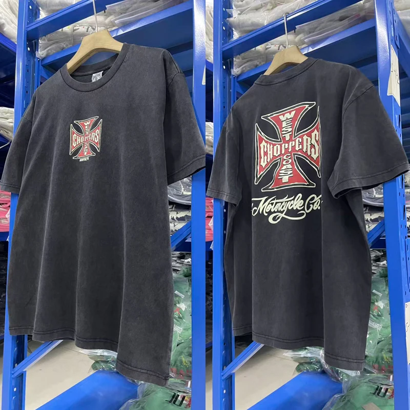 

Real Picture West Coast Chopper T Shirts Fashion Cross Print Wash Old Retro Short Sleeve Tops 2026 New Summer T-shirts