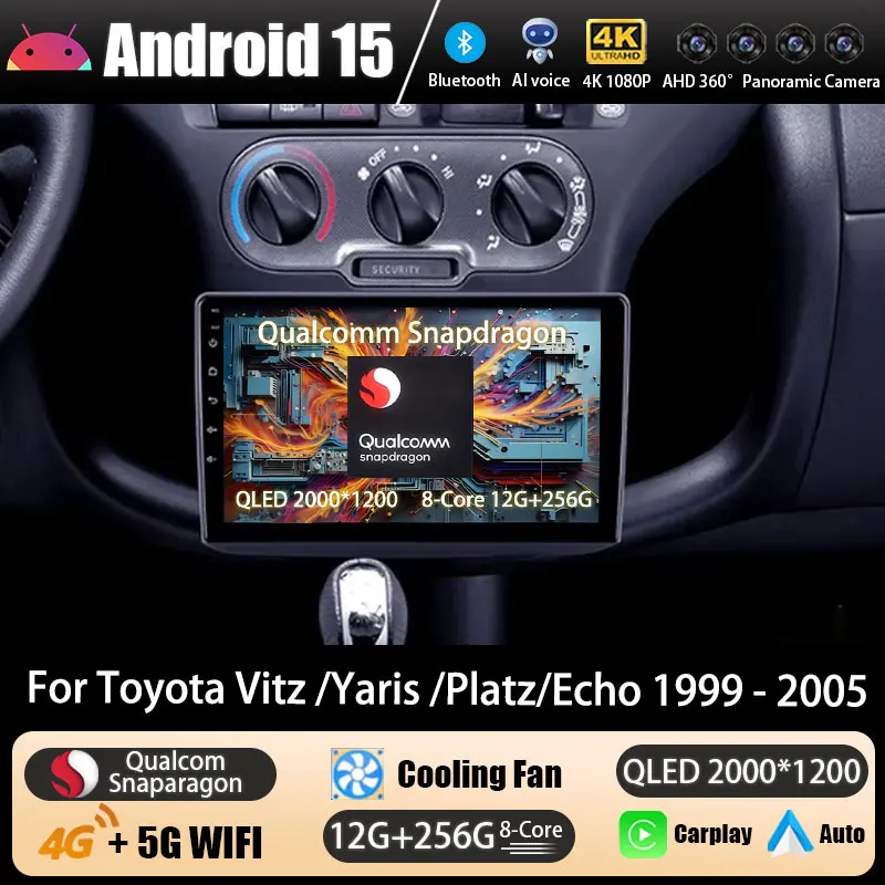 Android 15 Radio del coche para Toyota Vitz XP10 Yaris Platz Echo 1999 - 2005 DSP GPS reproductor Multimedia Navi unidad principal inalámbrica Carplay