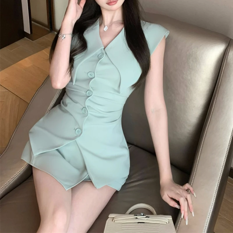 2024 Summer New Lapel Single-breasted Pleated Solid Color Casual Tank Tops Women + High Waist Sexy A-line Skirt Two-piece Suit