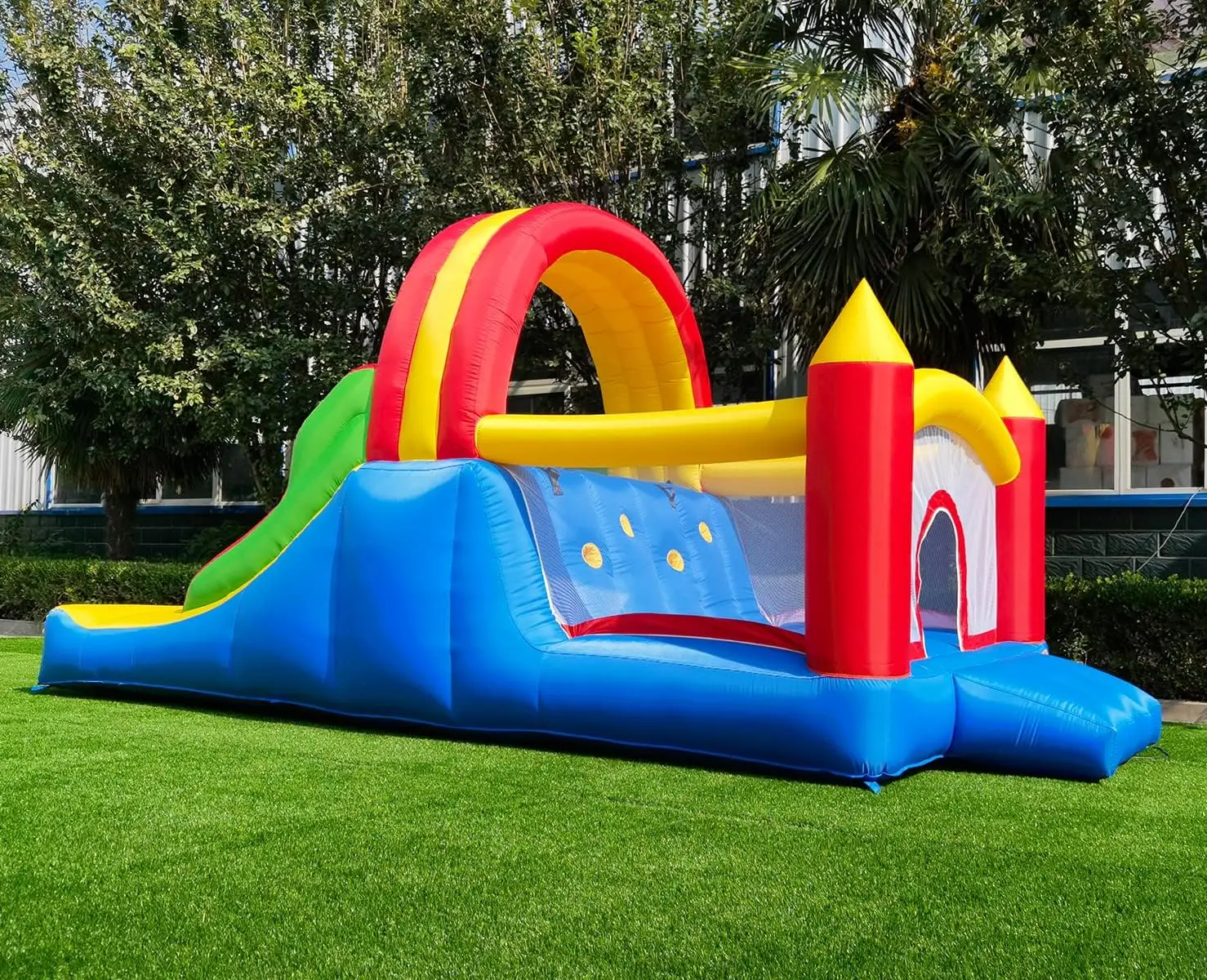 HuaKastro 16x7.2FT Inflatable Bounce House with 2 Racing Slides & Large Climbing Wall, 3 in 1 Kids Inflatable Trampoline Rainbow