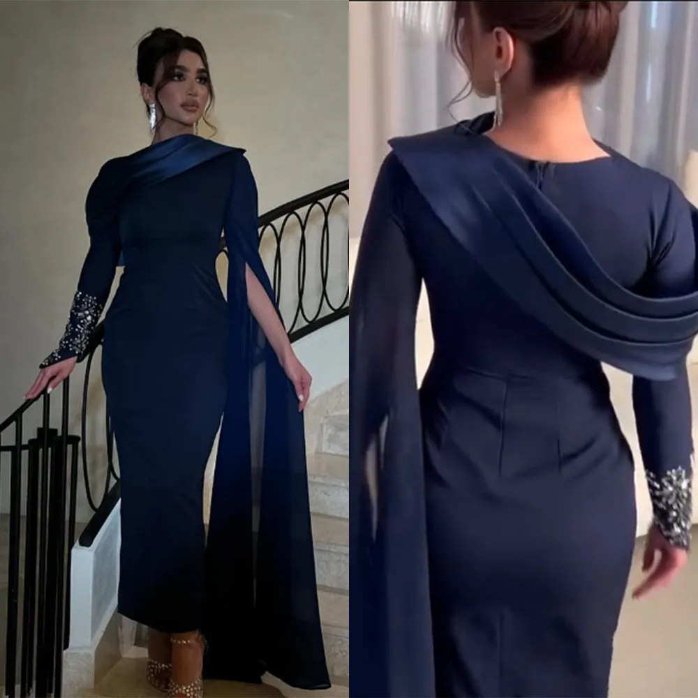 

High Quality Customized O-neck Ankle Length Full Sleeves Zipper Up Beaded Tulle Robe Pour Mariage Invité Evening Gowns فستان