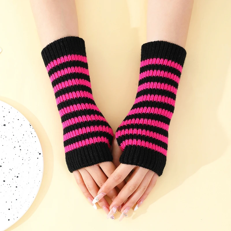 Short Striped Fingerless Gloves Knitted Arm Warmers Women Autumn Winter Wrist Sleeves Soft Thumb Hole Hand Warmer Mitten - view 3