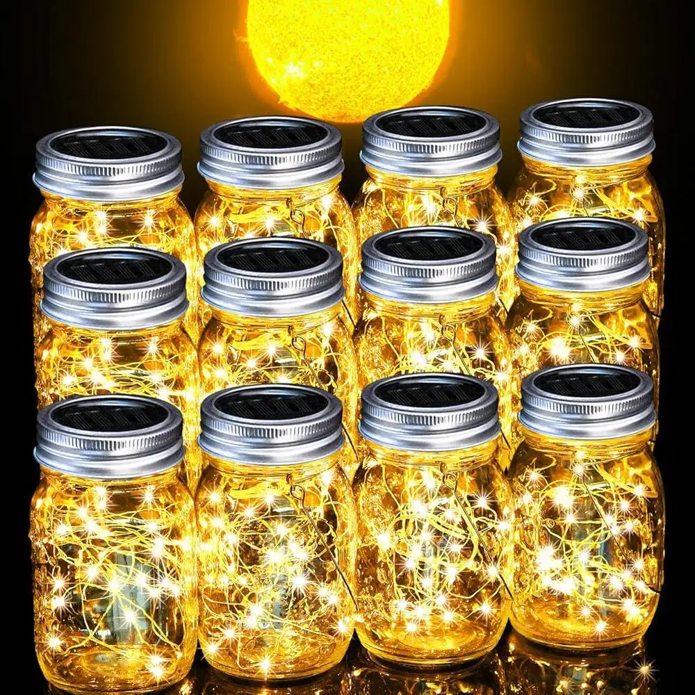 12 Pack Solar Powered Crystal Glass Lanterns Outdoor Waterproof Garden Lights 30 LED Mason Jar Lamp Set Decorative Lighting