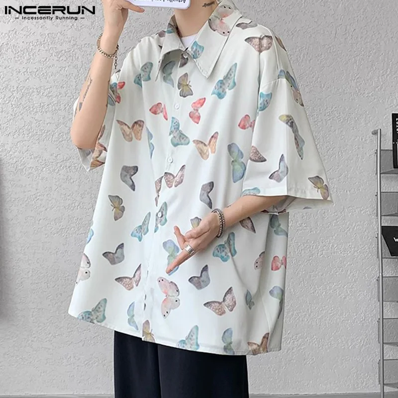 2024 Men Shirt Printing Lapel Short Sleeve Loose Summer Casual Men Clothing Streetwear Korean Vacation Male Shirts S-5XL INCERUN