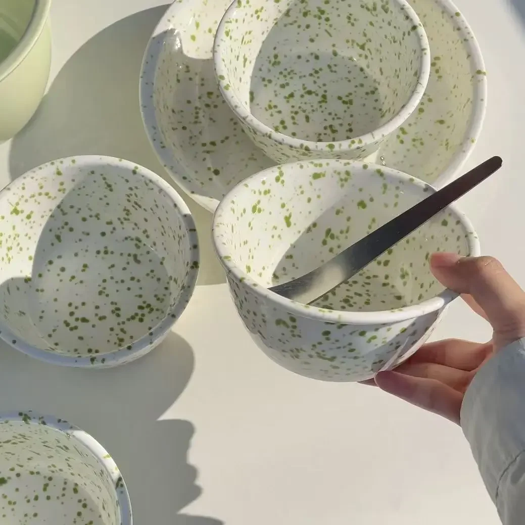 Underglaze Ceramic Bowl Set Ins Style Splashed Ink Green Porcelain Soup Bowls Salad Plates Oats Bowls Combination for Dining