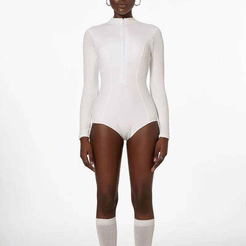 Minimalist Style White Long Sleeve Swimsuit One Piece Swimwear For Women Comfortable Solid Color Vacation Hot Spring Diving Suit