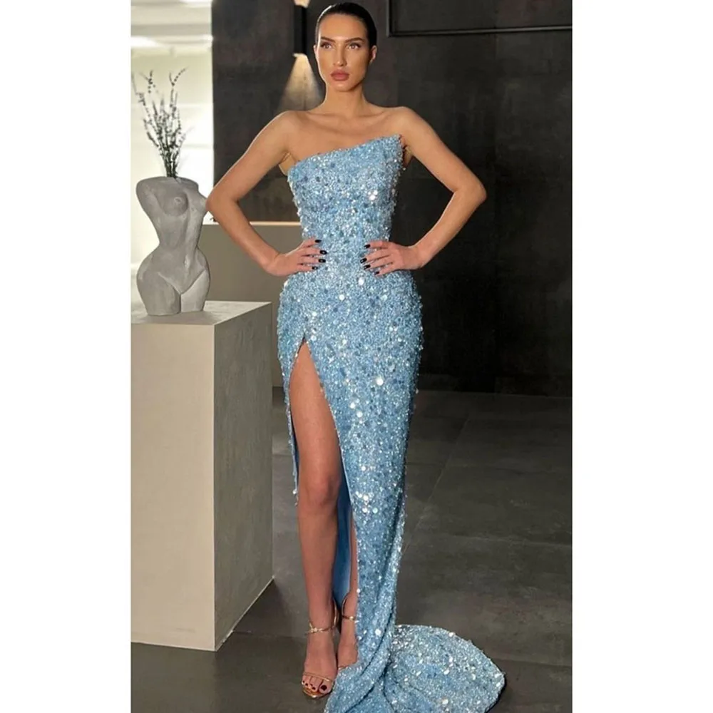 

2024 Elegant Blue Women Prom Dresses Strapless Floor Length Sleeveless High Side Split Shiny Sequined Evening Party Gowns