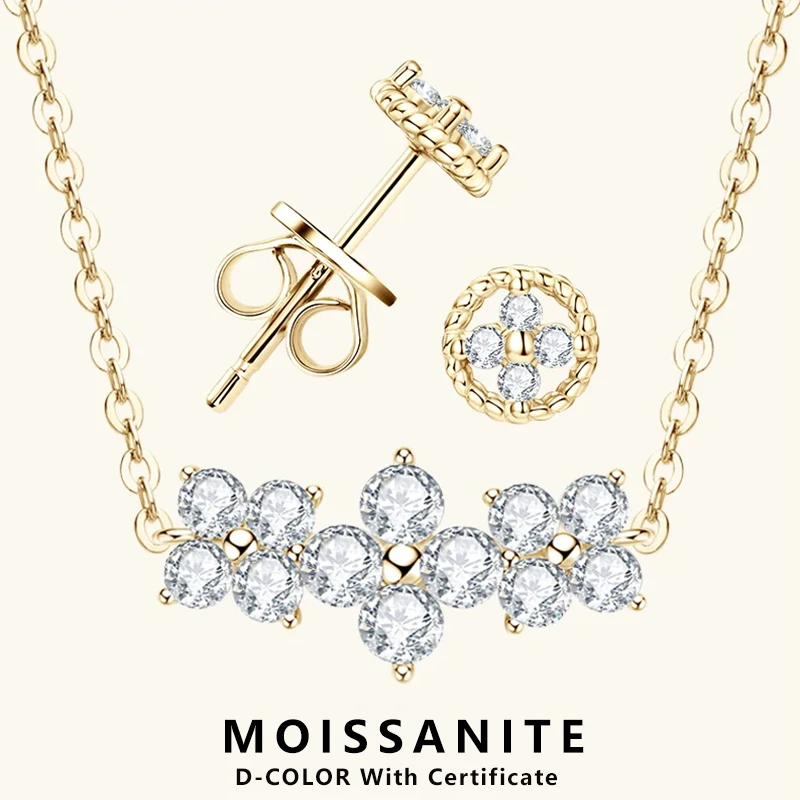 

Lnngy Certified Moissanite Stud Earring Necklace Jewelry Set For Women 925 Sterling Silver Four Leaf Clover Pendant Necklace
