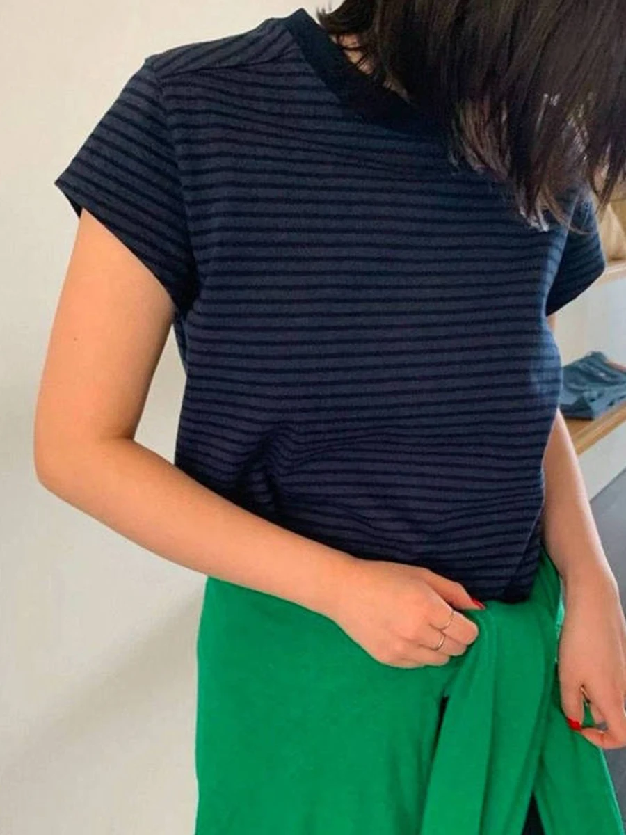 

Темно-синяя полосатая футболка с коротким рукавом, женские летние новые хлопковые простые футболки с круглым вырезом, корейские модные винтажные повседневные футболки