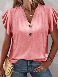 Plus Size Ruffle Sleeve T-Shirt Casual V Neck Button Front T-Shirt Women's Plus Size Clothing