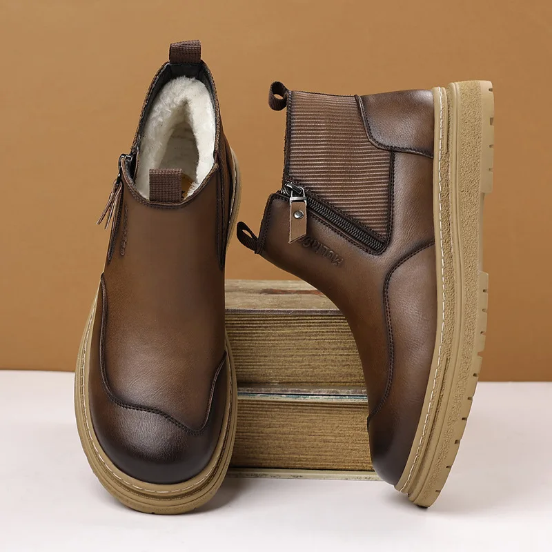 

Зимние мужские кожаные ботинки 2026 года с толстой подошвой, утепленные вельветом, для тепла и защиты от скольжения, хлопковые.