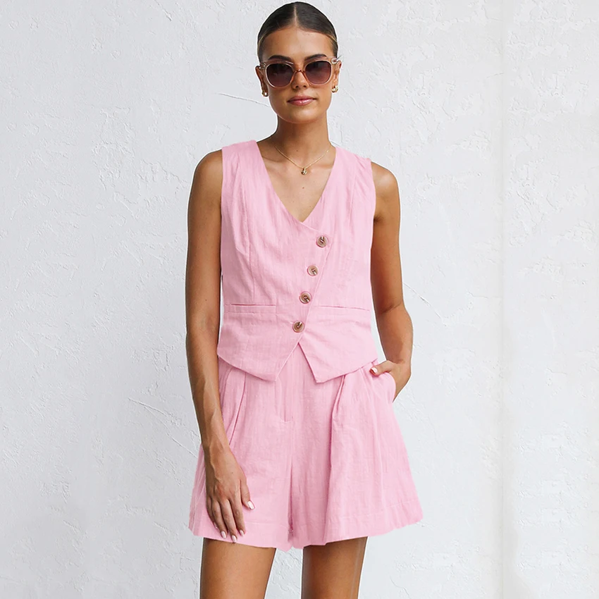 리나드 우아한 V넥 싱글 브레스티드 탱크탑과 하이웨이스트 쇼츠 2피스 세트 2026 오피스 레이디 화이트 쇼츠 슈트 여성 봄