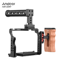 Andoer Camera Video Cage + Top Handle + Side Wooden Grip Kit Aluminum Alloy w/ Dual Cold Shoe Mounts for Sony A7IV/ A7III/ A7II