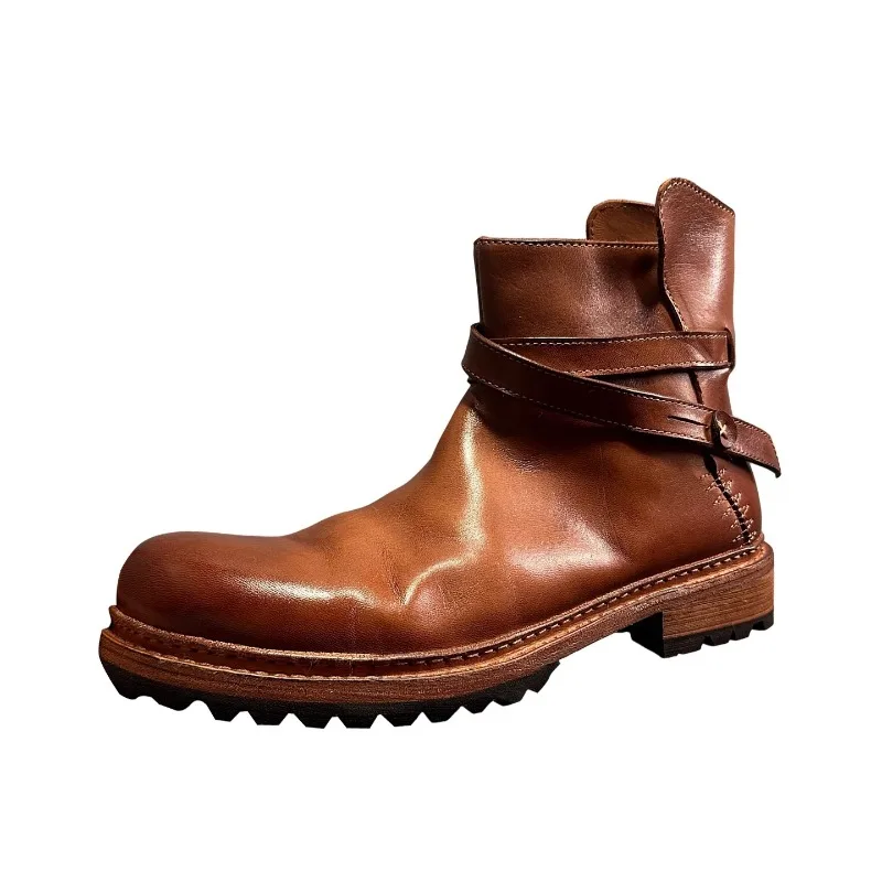 

British Style Genuine Leather Thick Sole Outdoor Casual Ankle Boots Men's Shoes Retro Western Motorcycle Boots Male Hiking Work