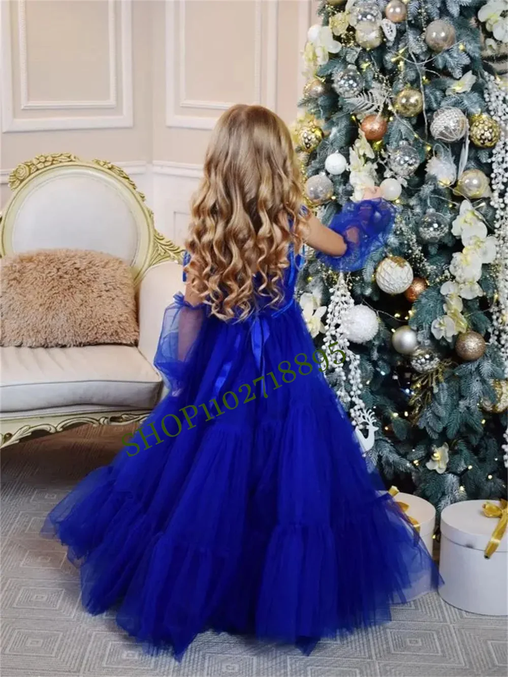 

Luxury Flower Girl Dress for Wedding Purple Off the Shoulder Long Sleeve Beading Princess Ball Gown Train Birthday Party Dress