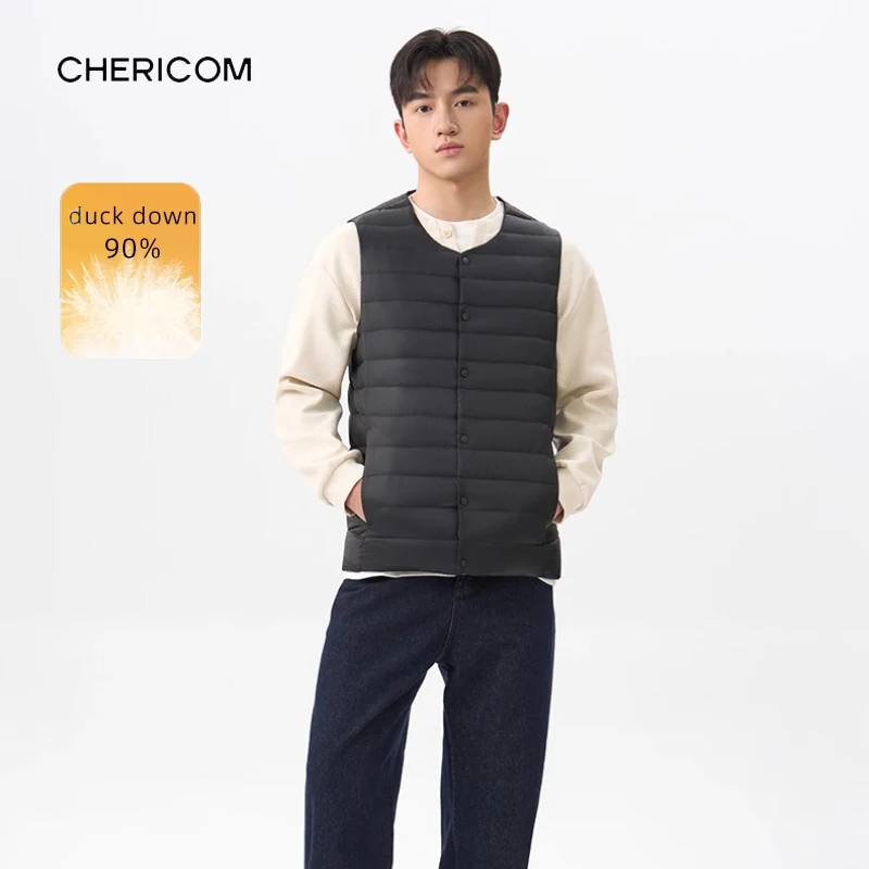 

Chericom Men's Down Vest Lightweight Snap Buttons Pockets Water-resistant Sleeveless Vest New Warm Durable Inner Lining Y309955N