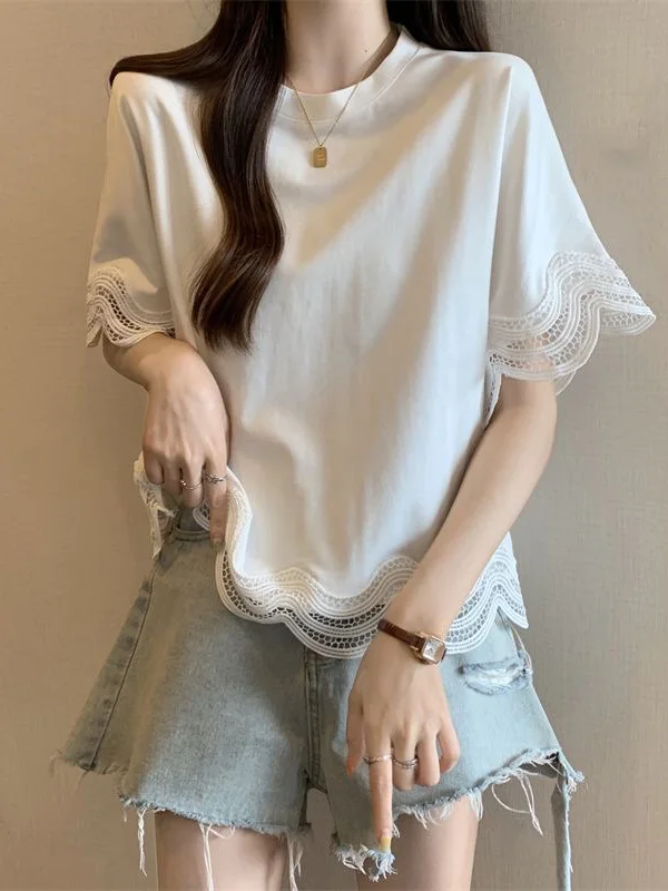 

Lace Hollow out White Short Sleeve T-Shirt Women's Summer New Large Size Loose Belly Covering Top Korean Style Casual Wear