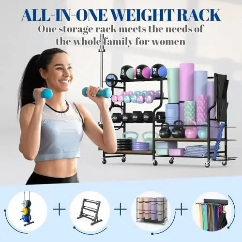 Weight Rack for Dumbbells, Home Gym Storage for Yoga Mat Dumbbells Kettlebells and Strength Training Equipment, Dumbbell Rack wi