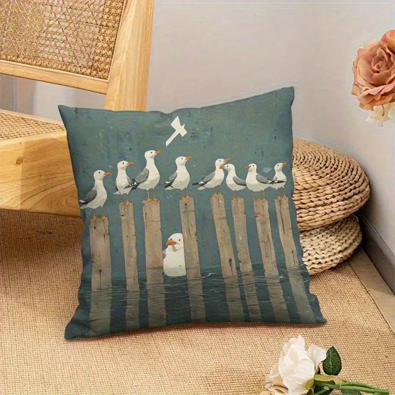 Double Sided Coastal Seagull Print Soft Throw Pillow Cover Nautical Cushion Case for Sofa and Bedroom Decoration
