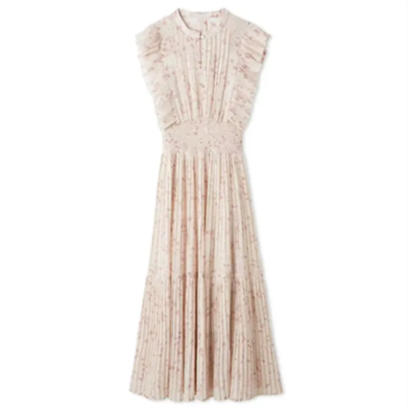 Magogo novo doce o pescoço manga voadora vestido babados chiffon impressão retalhos plissado robe japão elegante literário casual vestidos