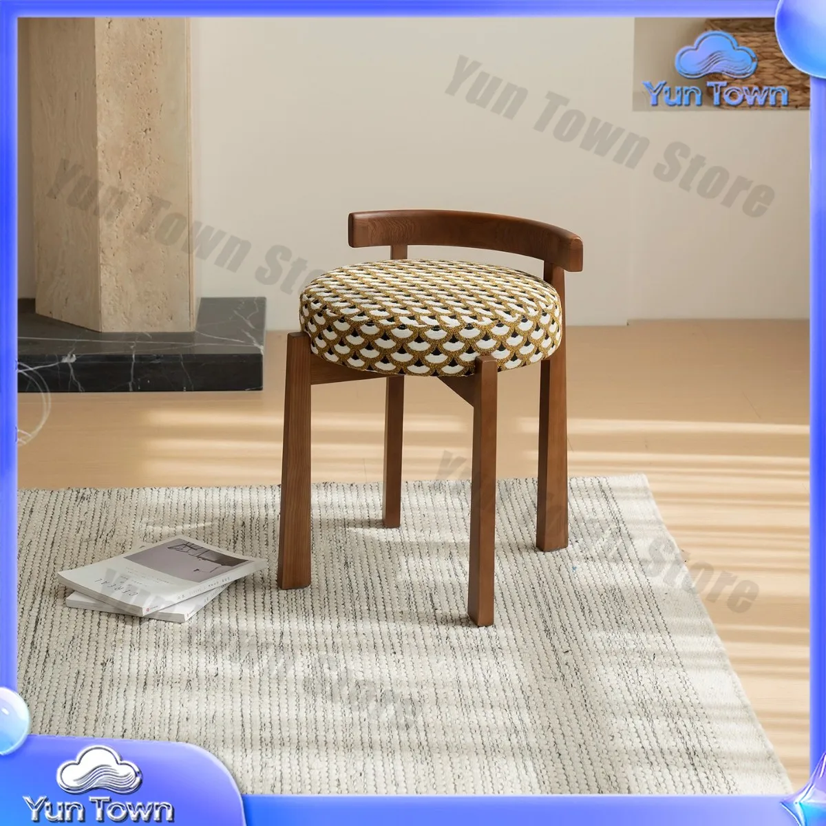 Vintage Style Solid Wood Vanity Stool for Home Use with Backrest Makeup Stool for Bedroom Entryway Shoe Changing Bench