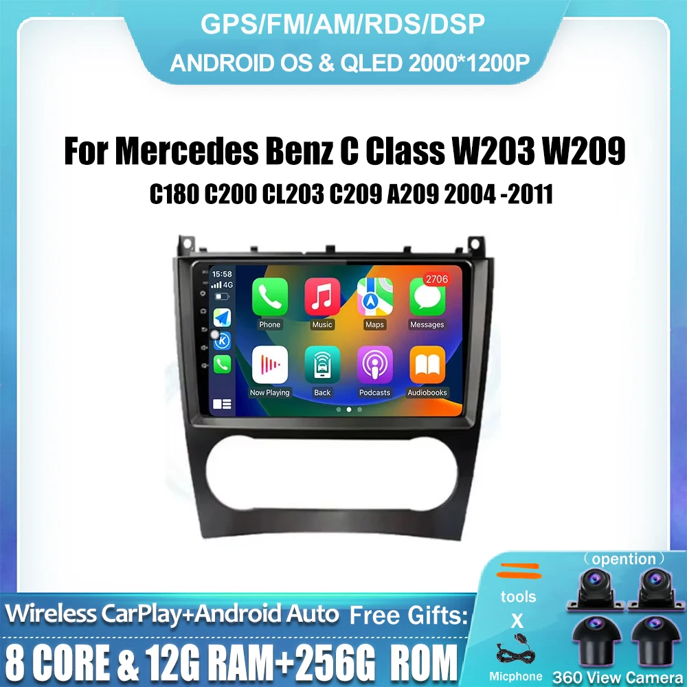 Android 14 Car Radio For Mercedes Benz C Class W203 W209 C180 C200 CL203 C209 A209 2004 -2011 Auto Stereo 4G LTE GPS Navigation