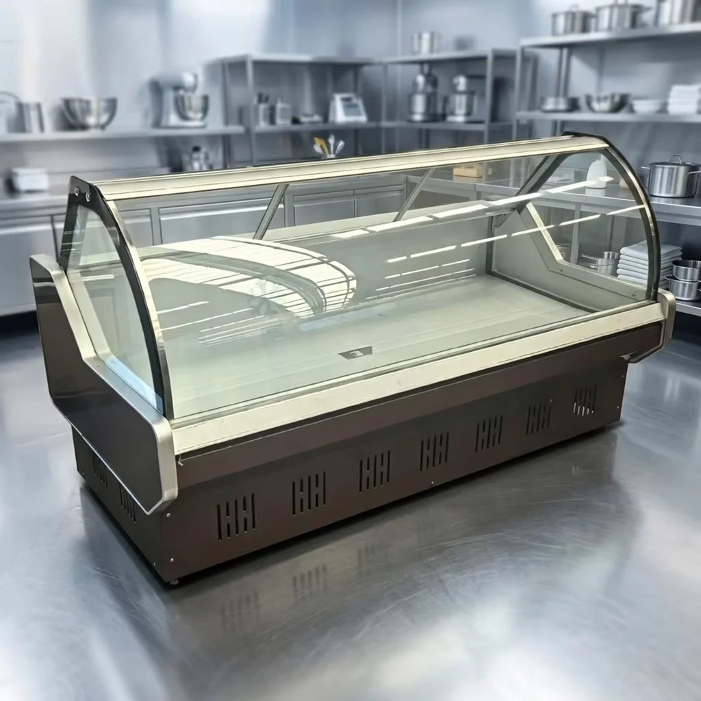 Refrigerated Curved Glass Deli Meat Display Case Fresh Meat Cabinet for Commercial Refrigeration