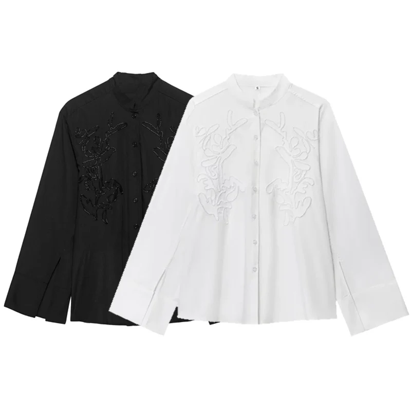 HXAO Woman 2025 Oversized Embroidered Shirt Spring Summer White Black Shirts & Blouses Large Size Long Sleeve Shirts Chic Blouse