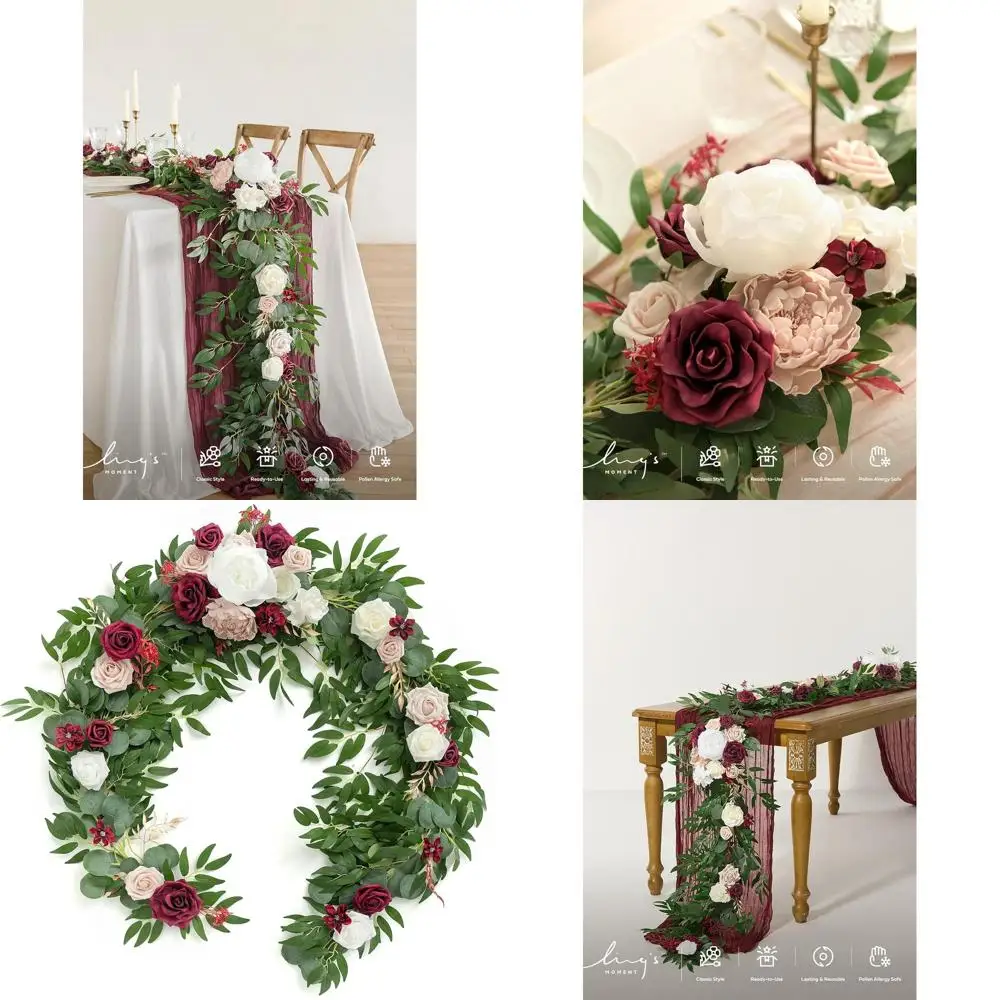 

6FT Eucalyptus & Rose Artificial Garland for Wedding Sweetheart Tables, Mantle, Thanksgiving, Christmas, Marsala Color