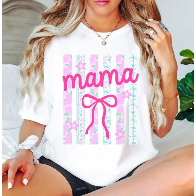 Girly Mama Bow Graphic T-Shirt for Women Cute Pink Floral Striped Mom Tee Trendy Mother's Day Casual Crew Neck Short Sleeve Top