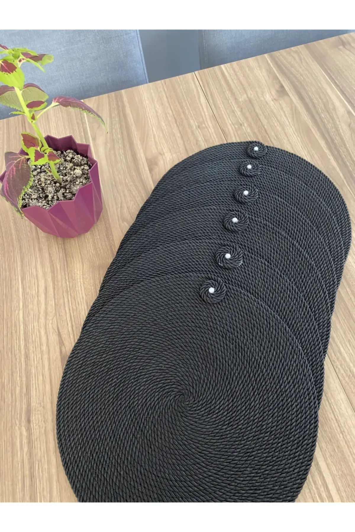 American 6 Pcs. Black Wicker Serving Runner Supla Knitted Bamboo Plate Pot, Fireproof, Kitchen, Table Accessory, Plate Coaster,