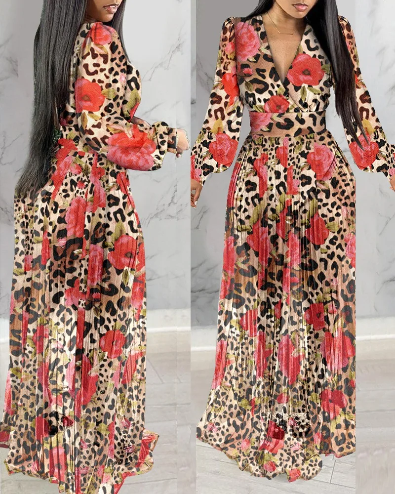 Wiosna Moda damska Leopard Floral Print Lantern Sleeve Sheer V-Neck Pleated Maxi Dress Elegancka sukienka wieczorowa