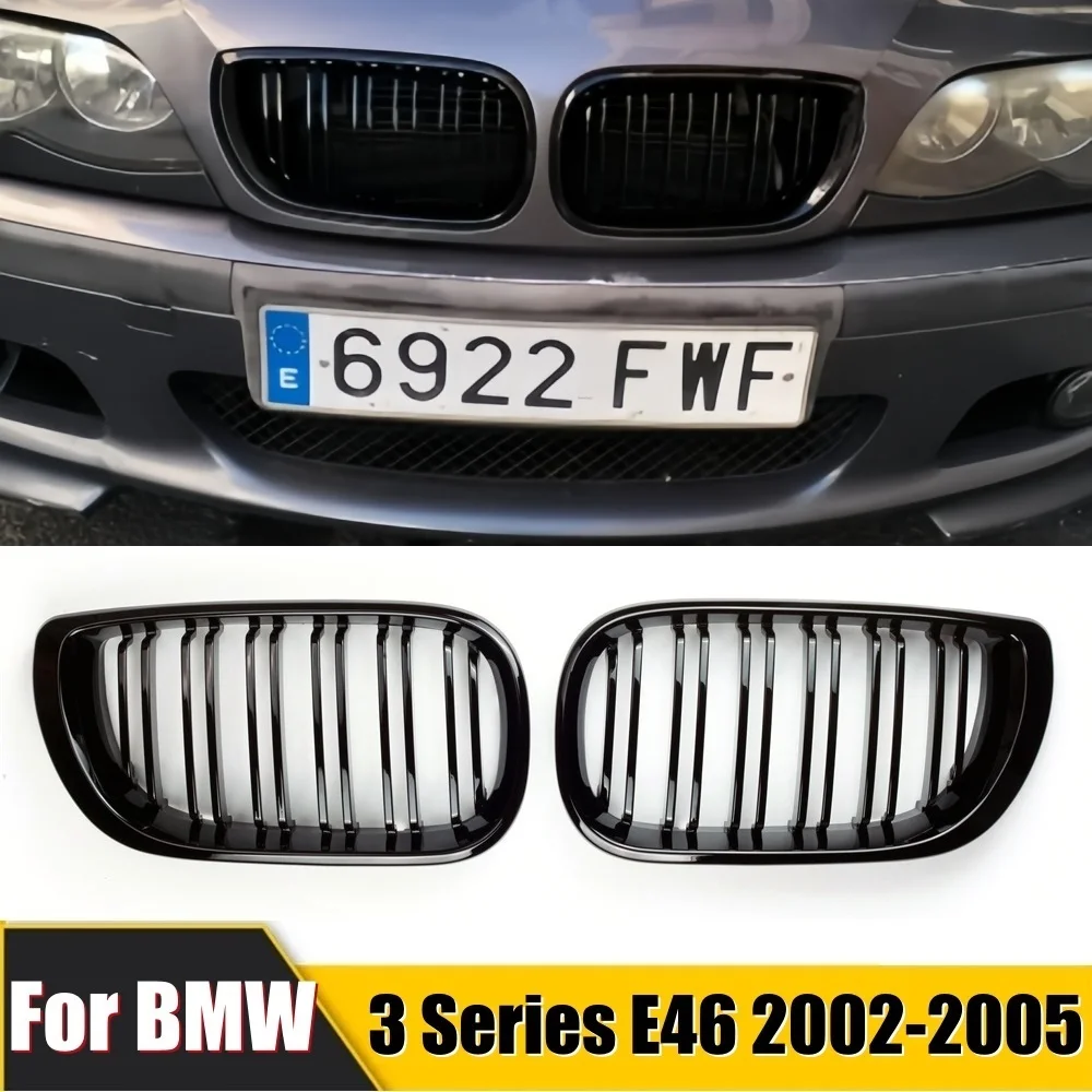 

1Pair Car Front Kidney Grills Gloss Black Double Slat Hood Grill for BMW 3 Series E46 2002-2005 Racing Grille Car Replacement