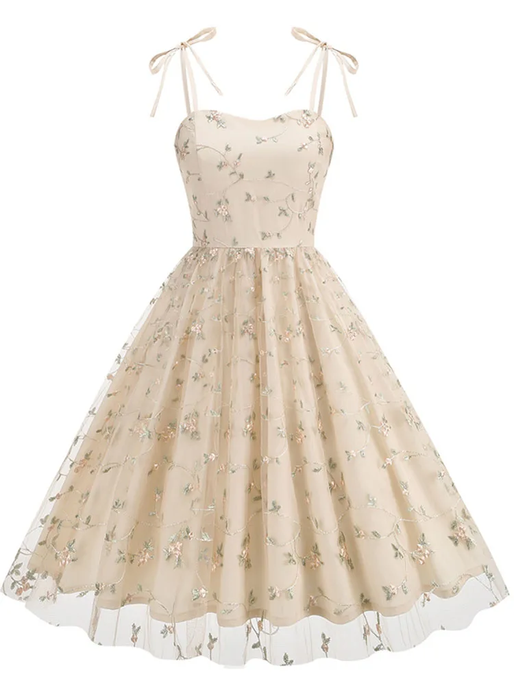 Champagne Color Floral Embroidered Mesh Overlay Vintage Long Dresses for  Women High Waist Birthday Party Elegant Summer Dress - AliExpress 200000345