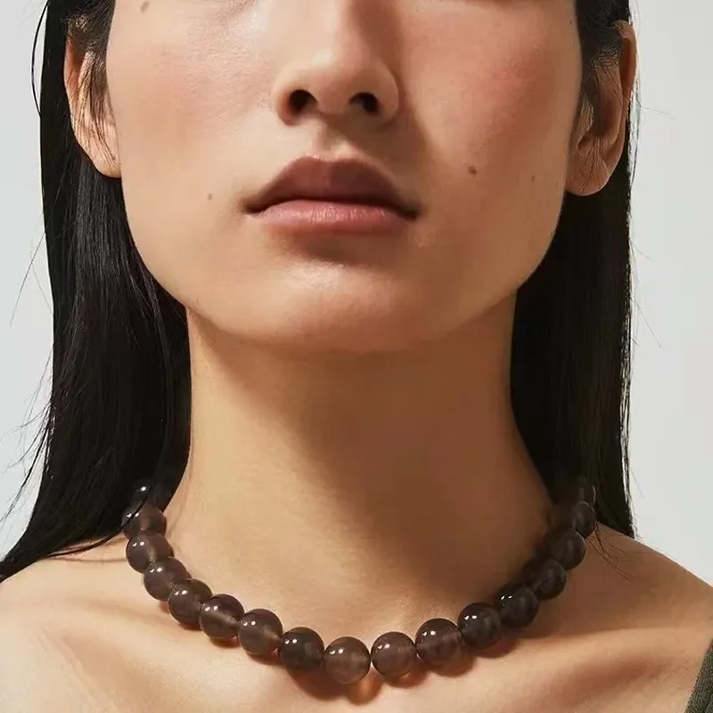 2024 new necklace Japanese and Korean style AKI same tea crystal beaded niche OT buckle design advanced sense collarbone