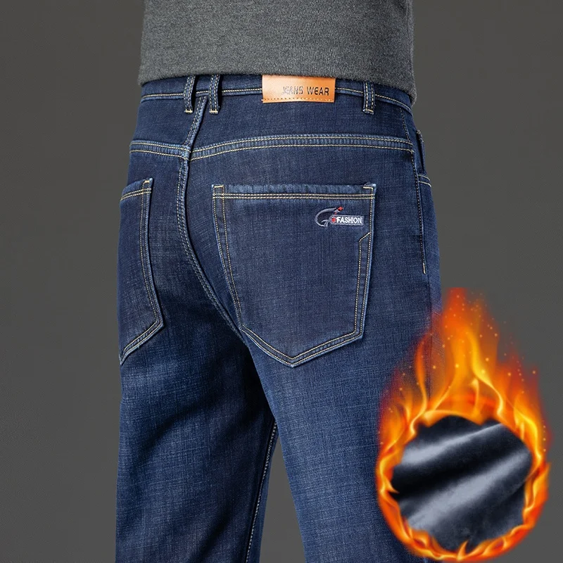 Classic Winter Men's Fleece Jeans, High-quality Thickened Warm Wool Denim Pants, Nostalgic Straight Leg Business Pants